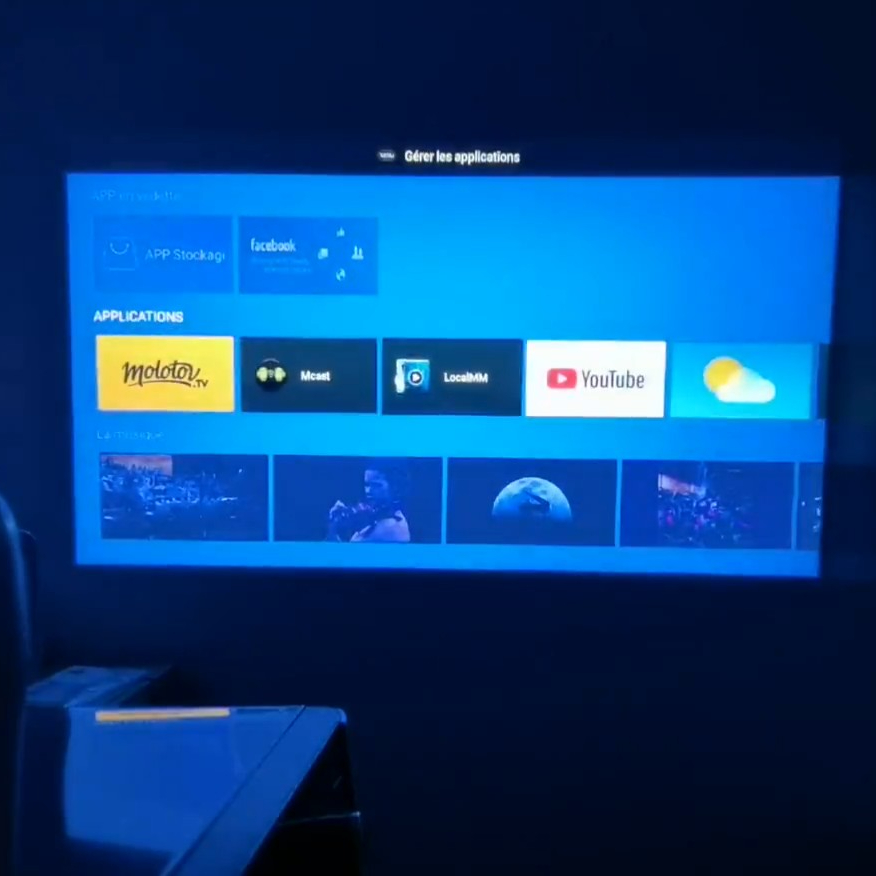 Android interface on Wanbo T2 Max projector showcasing user-friendly navigation and app selection