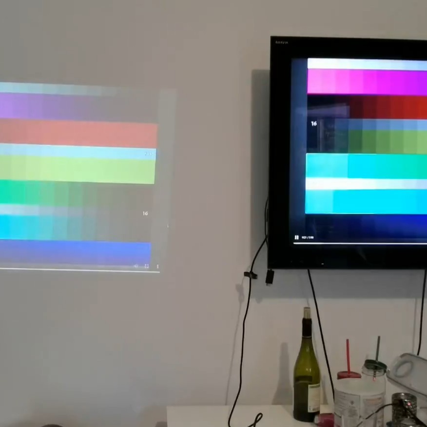 Color chart test displayed by Wanbo T2 Max and Sony TV in a brightly lit environment