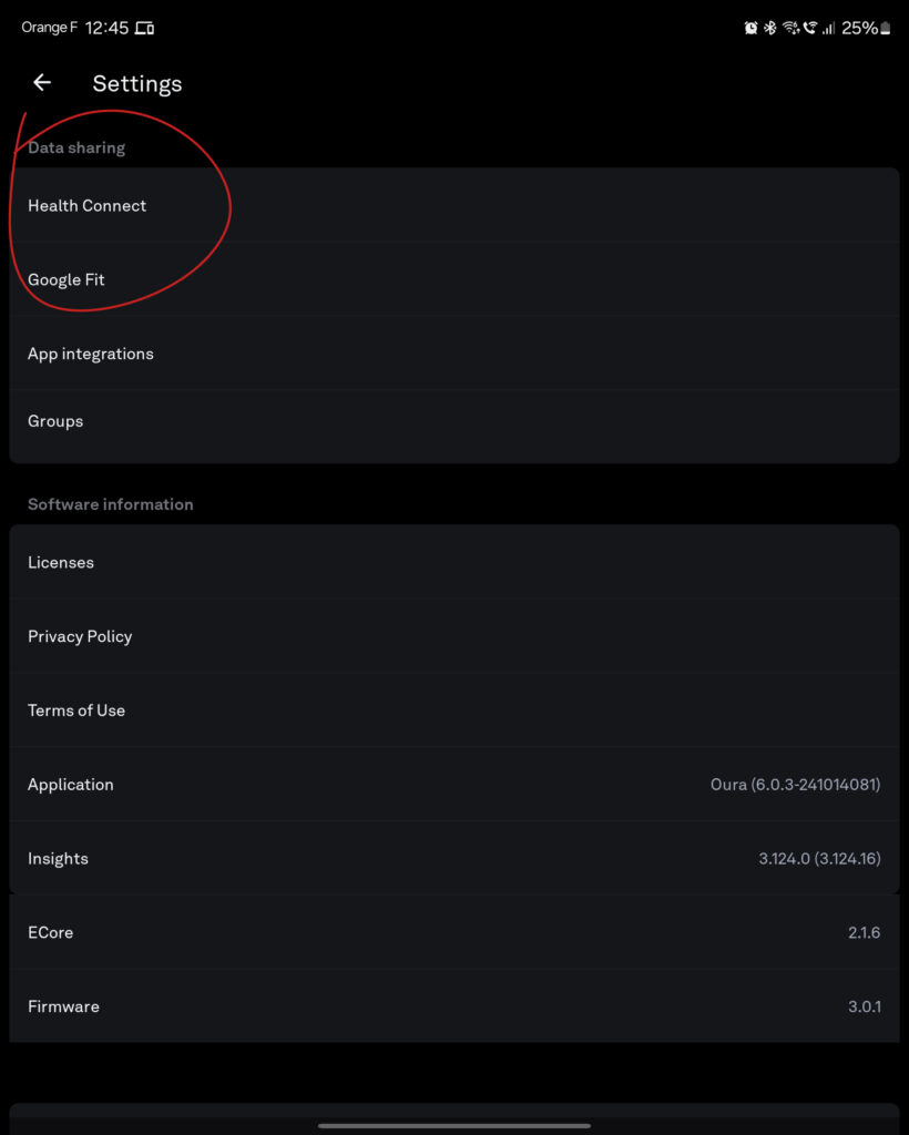 Screenshot of the Oura app settings menu highlighting the 'Data sharing' option with Google Fit listed under 'Health Connect', showing the integration capabilities for sharing health data