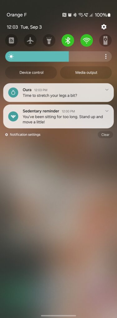 Screenshot displaying sedentary reminders from the Oura and Xiaomi Smart Ring app, prompting the user to stretch legs and move after prolonged inactivity