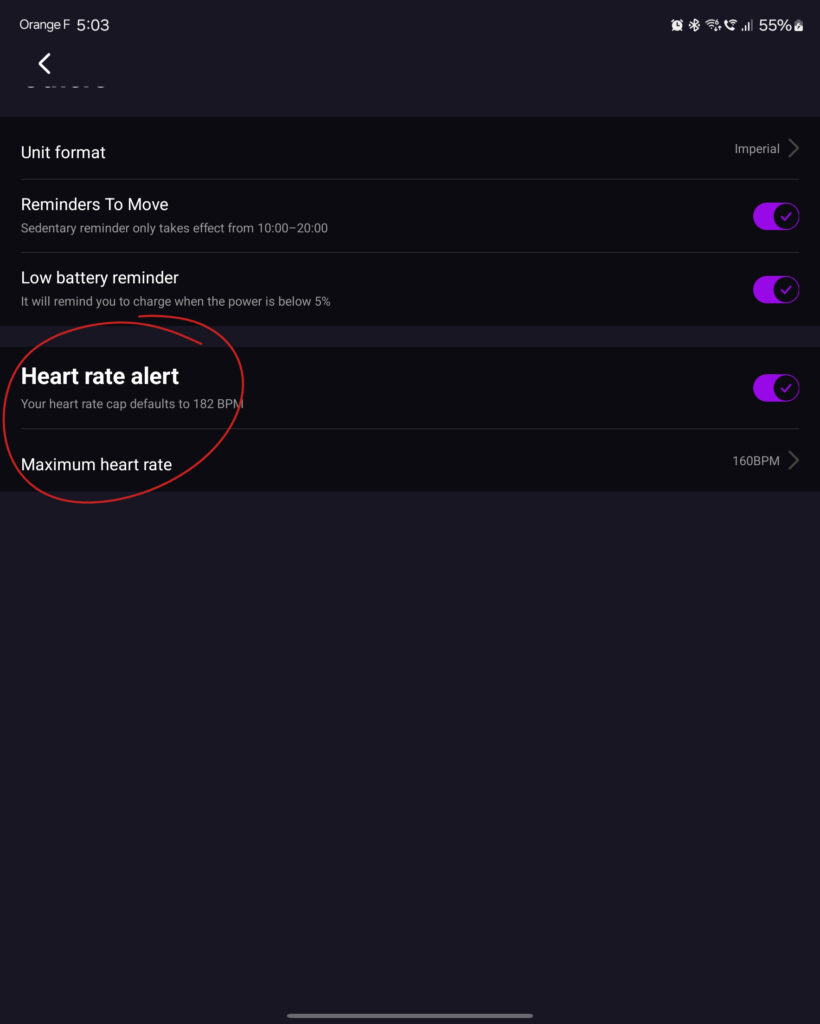 Screenshot of the Xiaomi Smart Ring app settings menu displaying options for Reminders to Move, Low Battery Reminder, Heart Rate Alert, and Maximum Heart Rate settings