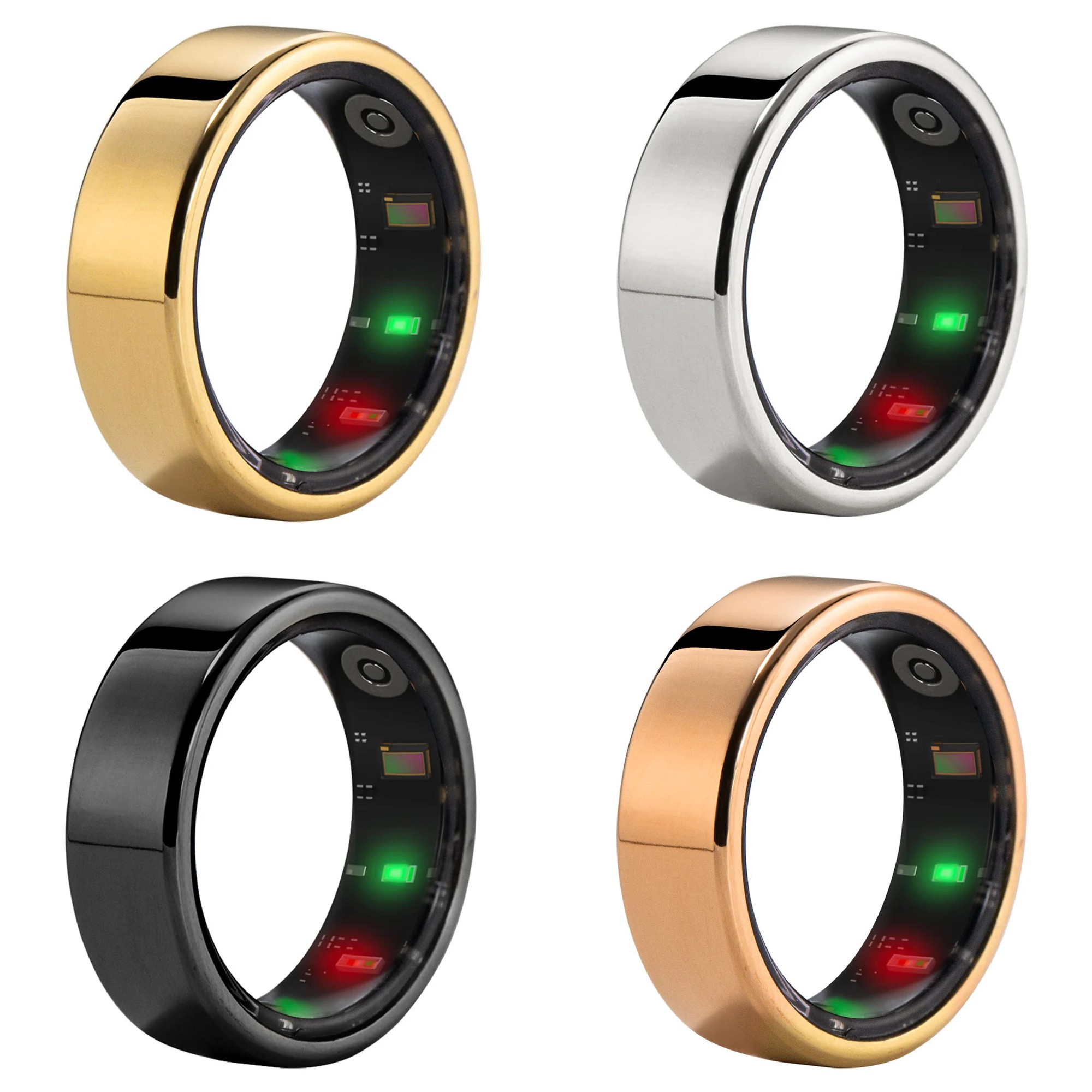 Xiaomi Smart Rings in four color variations: gold, silver, black, and rose gold