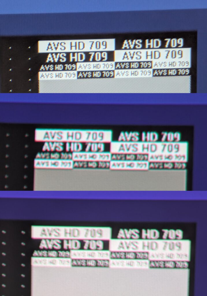 AVS HD 709 sharpness test — Top: Xming Episode One | Middle: Samsung Freestyle | Bottom: Nebula Capsule 3