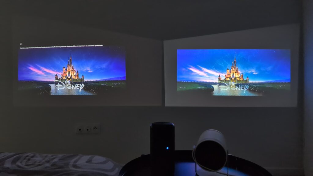 Both the Nebula (left) and Samsung Freestyle (right) handle Disney+, Prime or YouTube playback flawlessly.